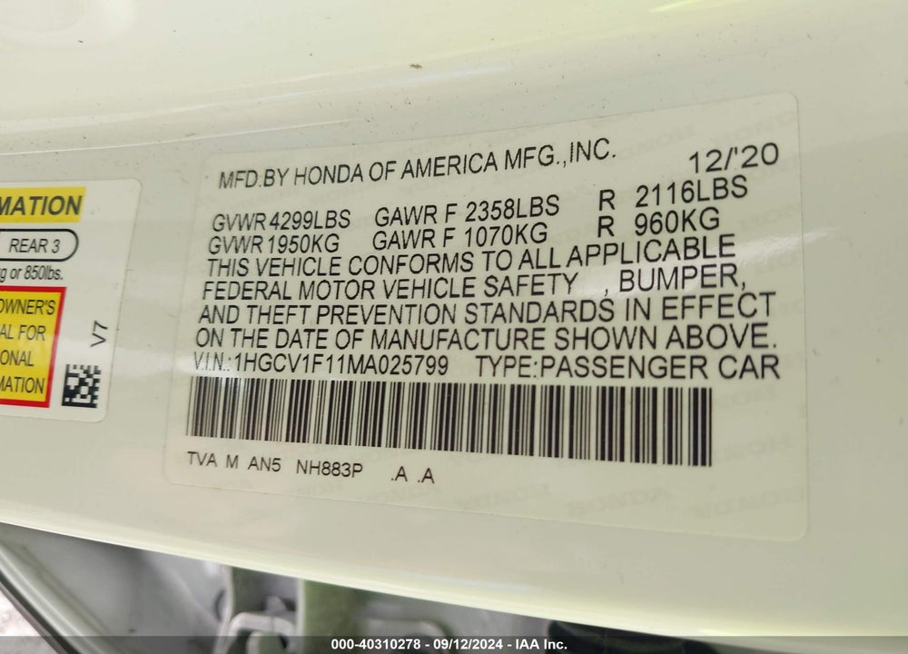 2021 HONDA ACCORD LX VIN: 1HGCV1F11MA025799