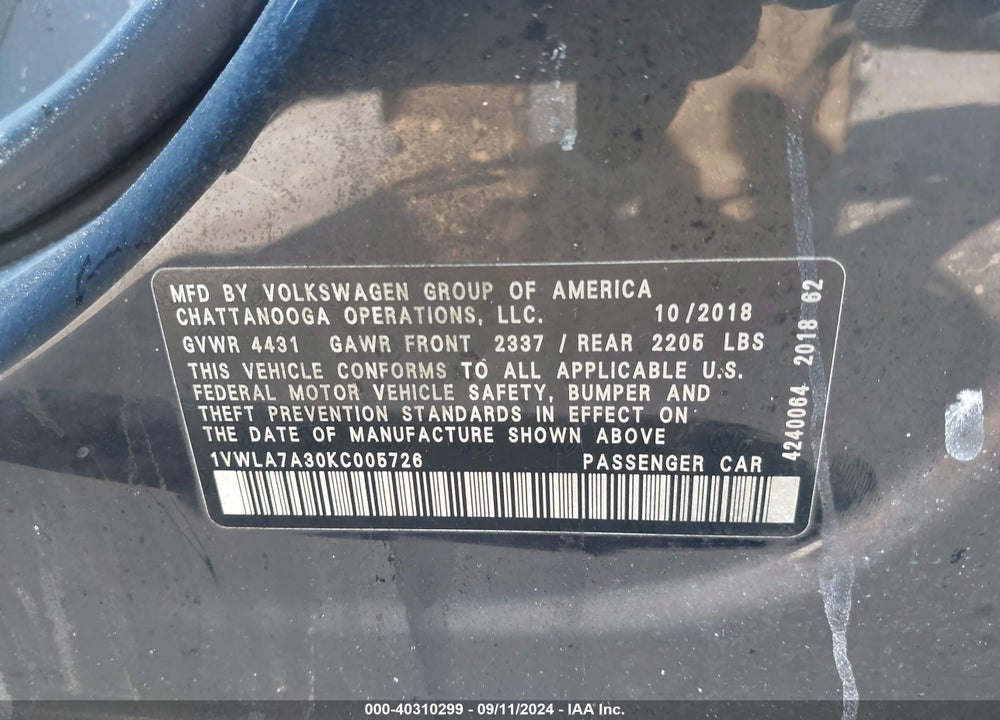 2019 VOLKSWAGEN PASSAT 2.0T WOLFSBURG EDITION VIN: 1VWLA7A30KC005726