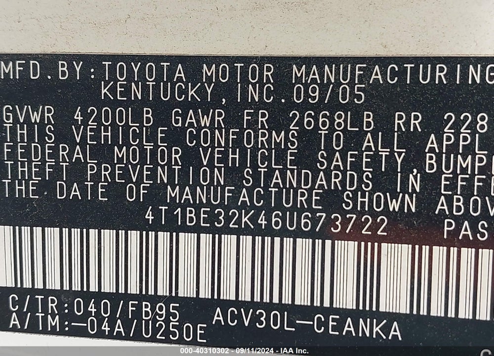 2006 TOYOTA CAMRY LE VIN: 4T1BE32K46U673722