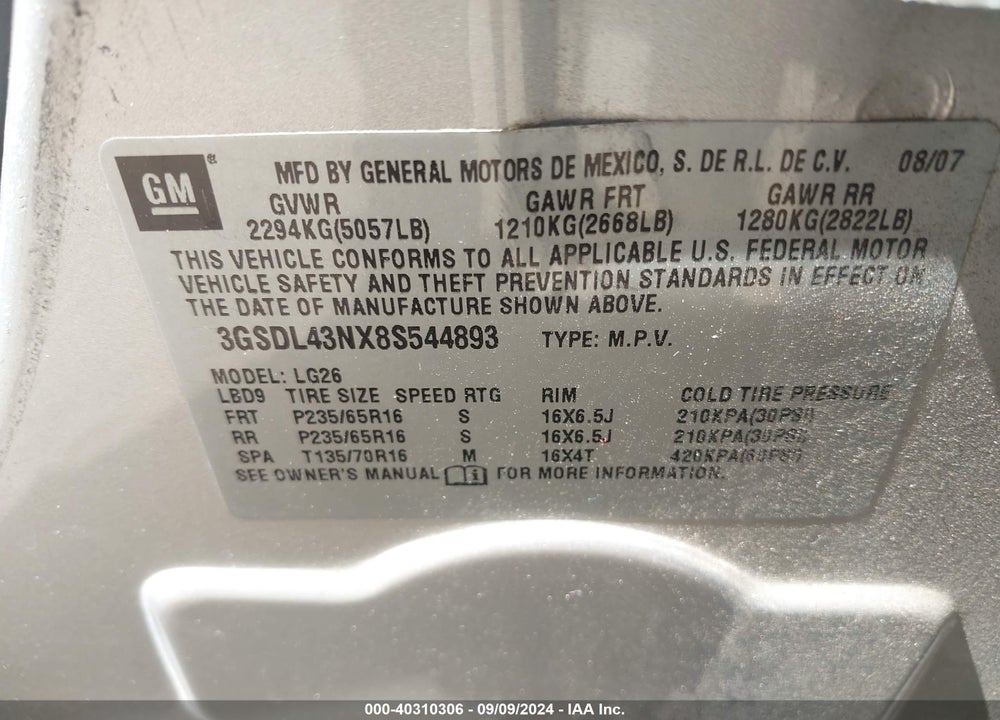2008 SATURN VUE V6 XE VIN: 3GSDL43NX8S544893