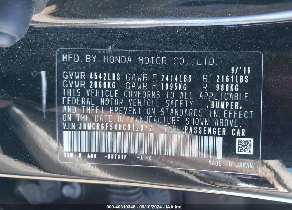 2017 HONDA ACCORD HYBRID VIN: JHMCR6F54HC012072
