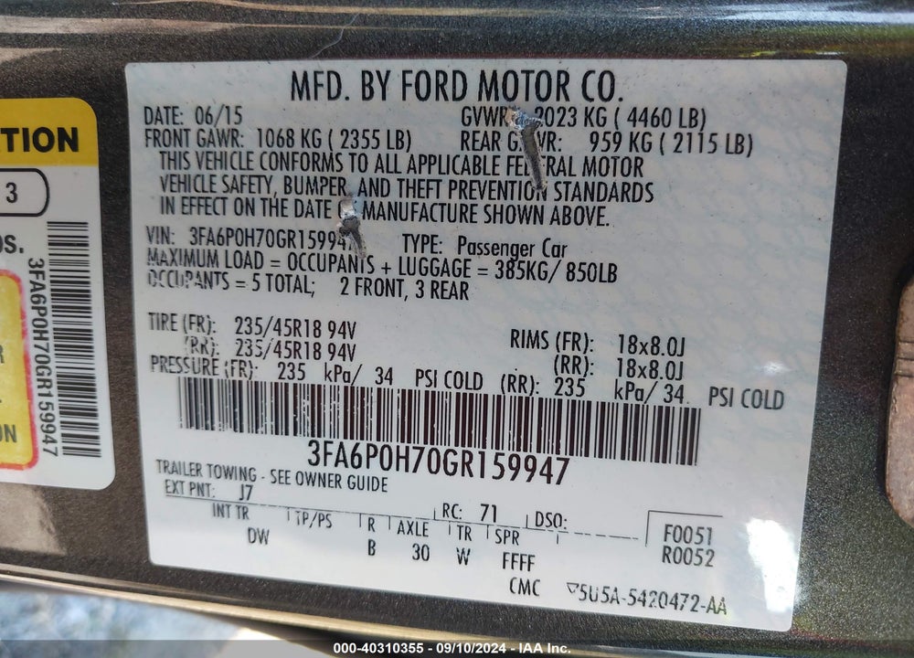 2016 FORD FUSION SE VIN: 3FA6P0H70GR159947