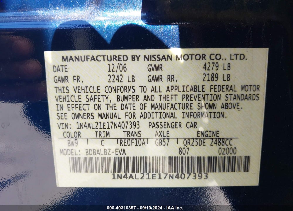 2007 NISSAN ALTIMA 2.5 S VIN: 1N4AL21E17N407393