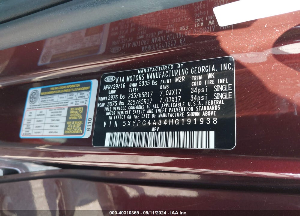 2017 KIA SORENTO 2.4L LX VIN: 5XYPG4A34HG191938