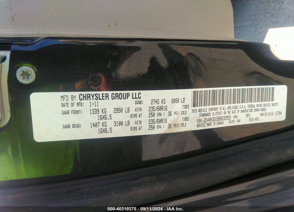 2011 DODGE GRAND CARAVAN MAINSTREET VIN: 2D4RN3DG9BR632959