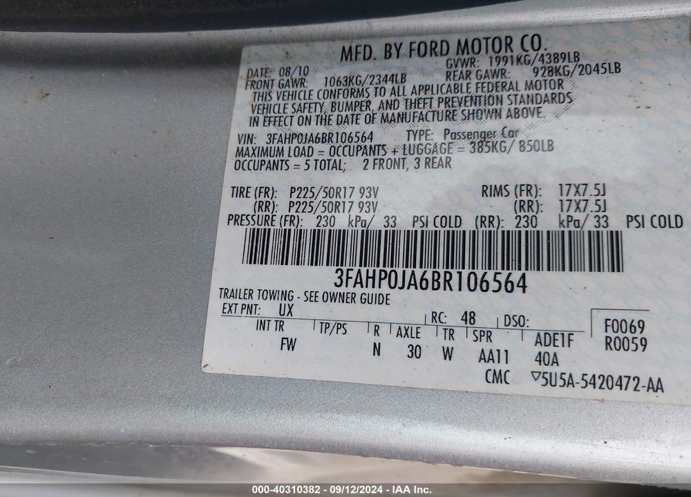 2011 FORD FUSION SEL VIN: 3FAHP0JA6BR106564
