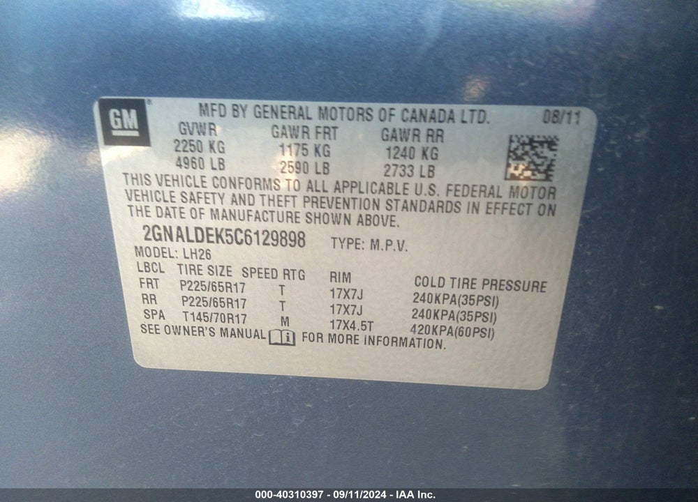 2012 CHEVROLET EQUINOX 1LT VIN: 2GNALDEK5C6129898