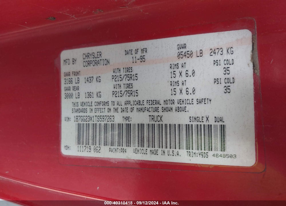 1996 DODGE DAKOTA VIN: 1B7GG23X1TS597263