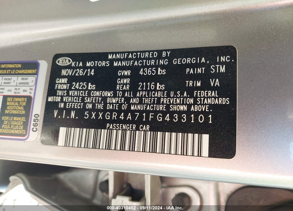 2015 KIA OPTIMA SX VIN: 5XXGR4A71FG433101
