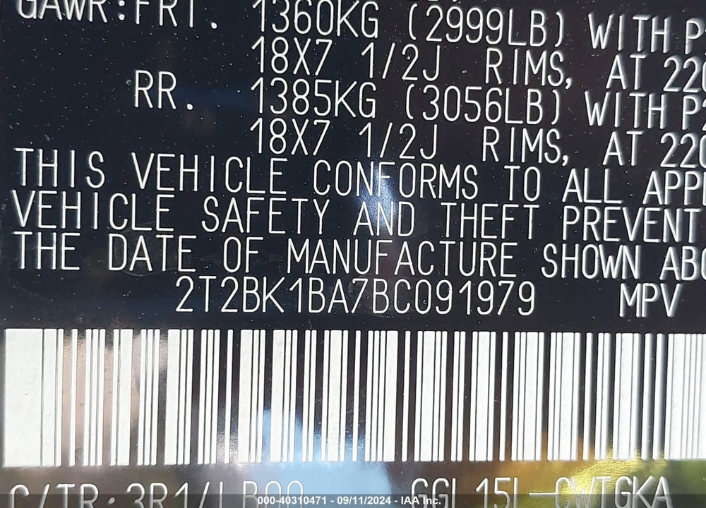 2011 LEXUS RX 350 VIN: 2T2BK1BA7BC091979