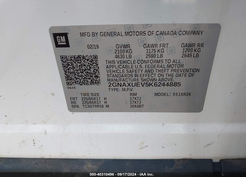 2019 CHEVROLET EQUINOX LT VIN: 2GNAXUEV5K6244885