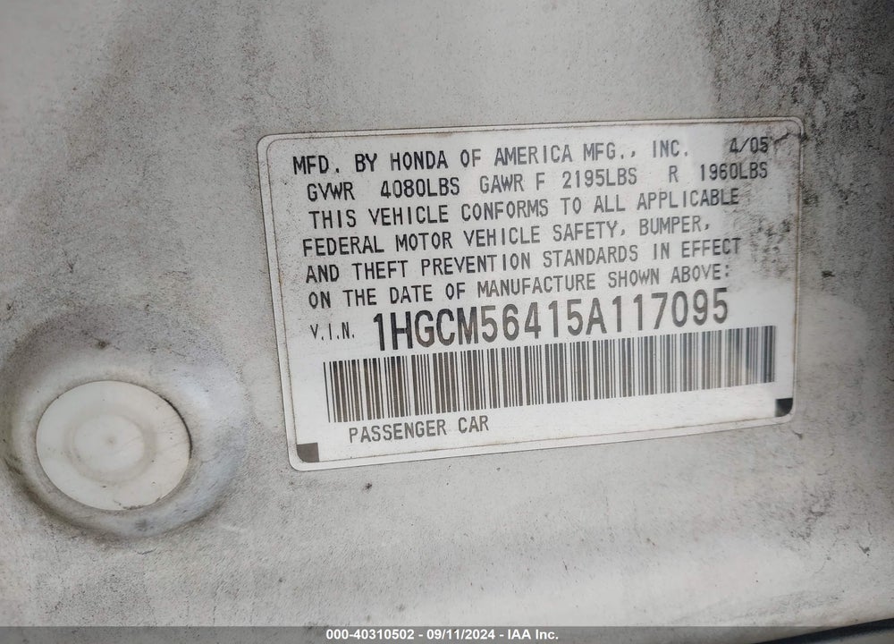 2005 HONDA ACCORD 2.4 LX VIN: 1HGCM56415A117095