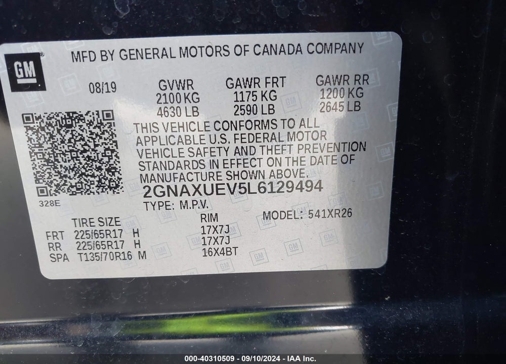 2020 CHEVROLET EQUINOX AWD LT 1.5L TURBO VIN: 2GNAXUEV5L6129494