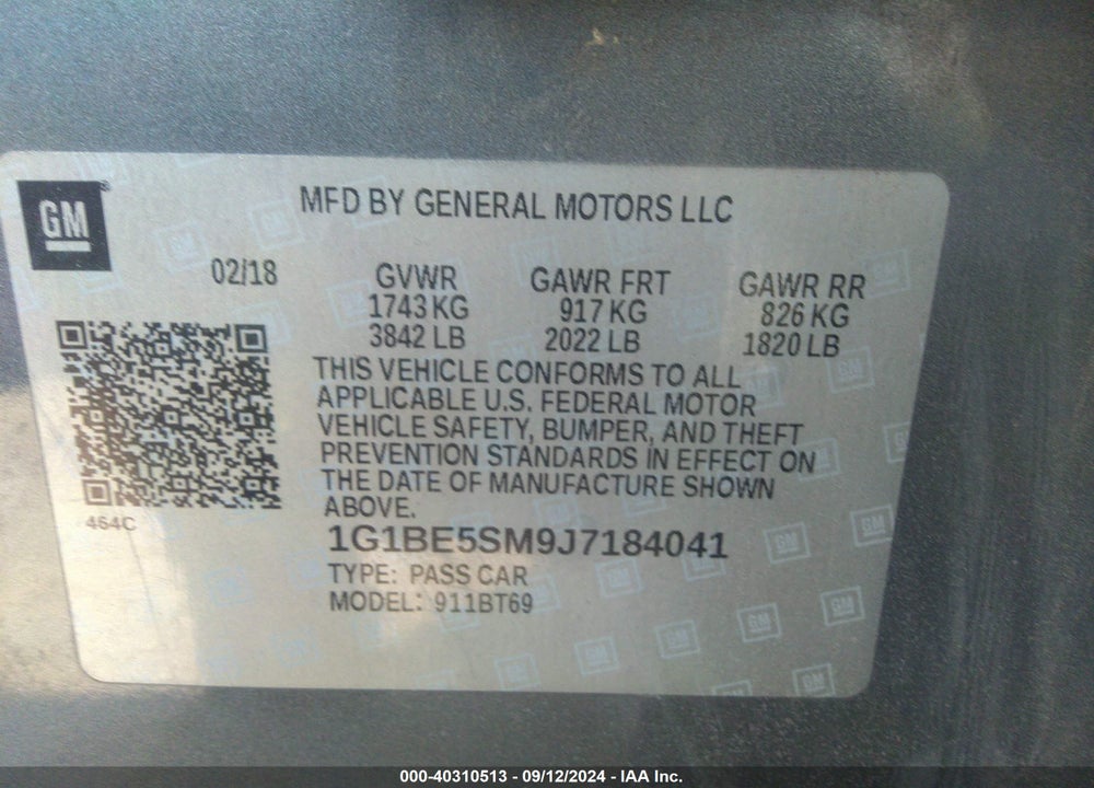 2018 CHEVROLET CRUZE LT AUTO VIN: 1G1BE5SM9J7184041