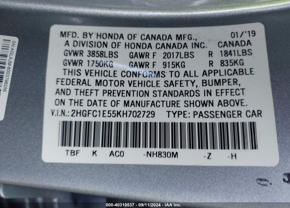 2019 HONDA CIVIC SI VIN: 2HGFC1E55KH702729