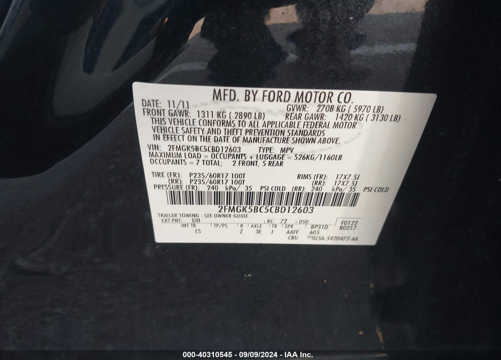 2012 FORD FLEX SE VIN: 2FMGK5BC5CBD12603