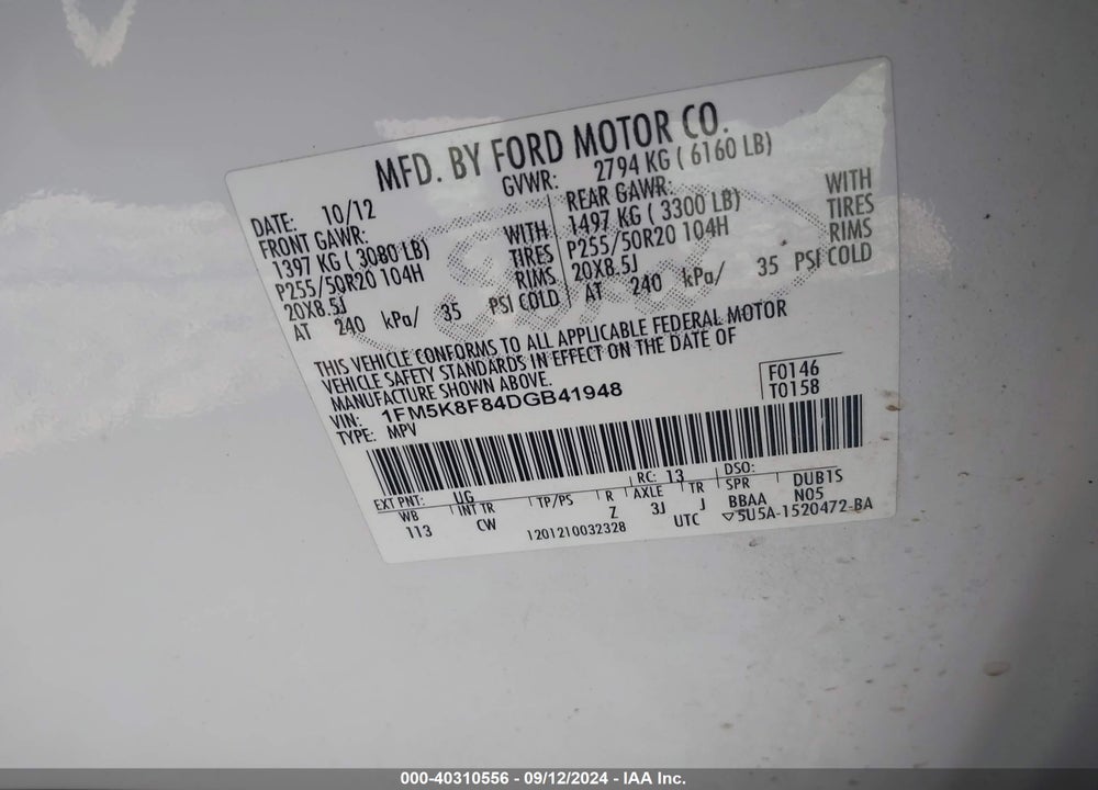 2013 FORD EXPLORER LIMITED VIN: 1FM5K8F84DGB41948