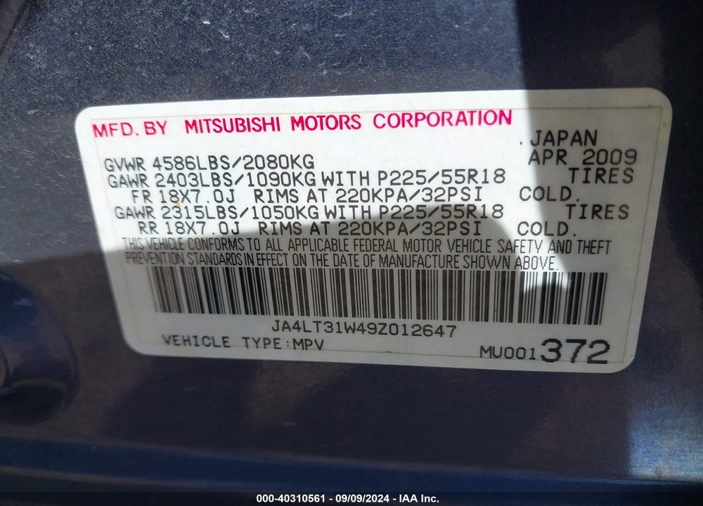 2009 MITSUBISHI OUTLANDER VIN: JA4LT31W49Z012647