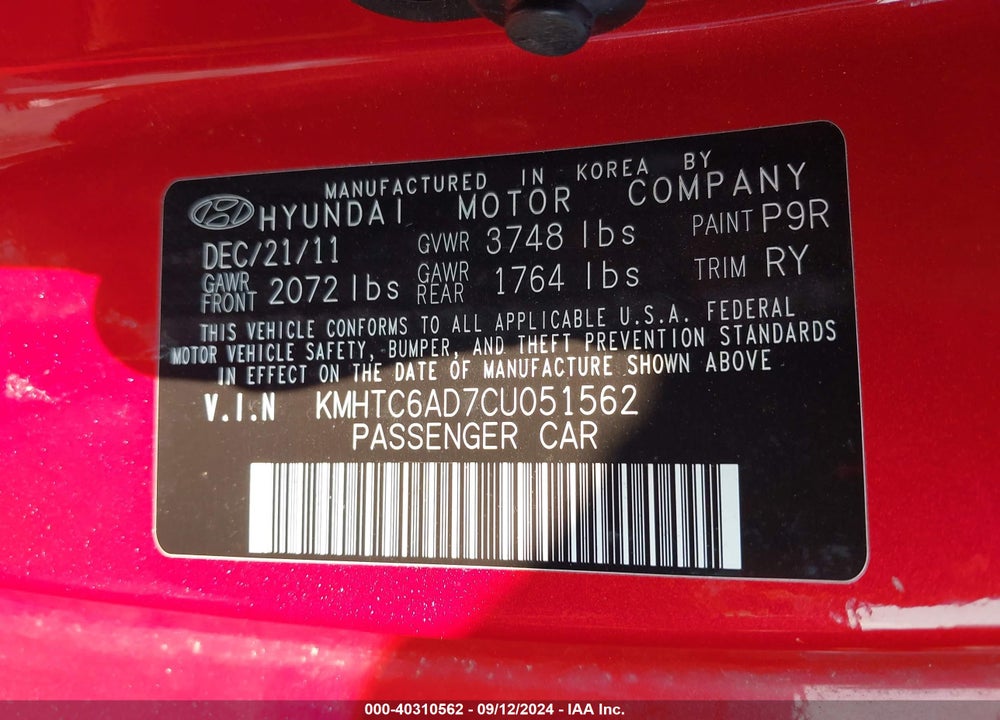 2012 HYUNDAI VELOSTER BASE W/RED/BLACK VIN: KMHTC6AD7CU051562