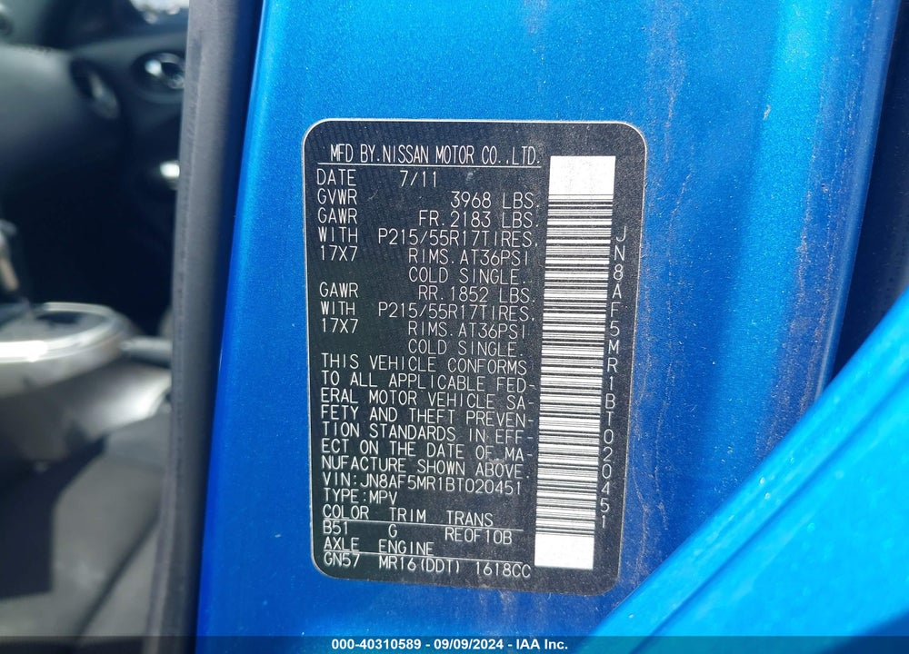 2011 NISSAN JUKE S VIN: JN8AF5MR1BT020451