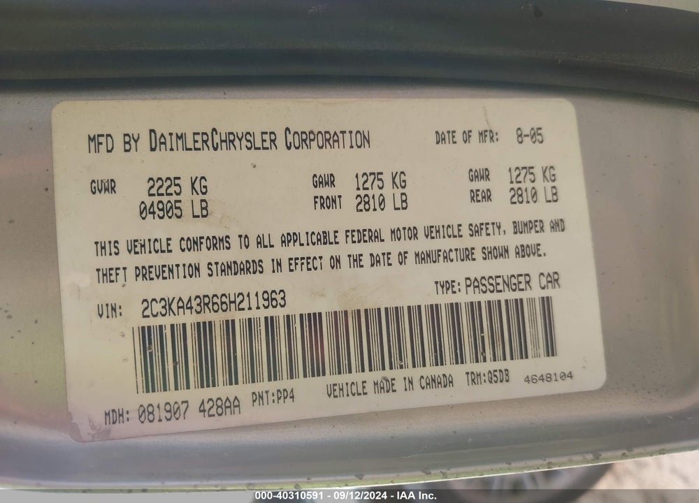 2006 CHRYSLER 300 VIN: 2C3KA43R66H211963