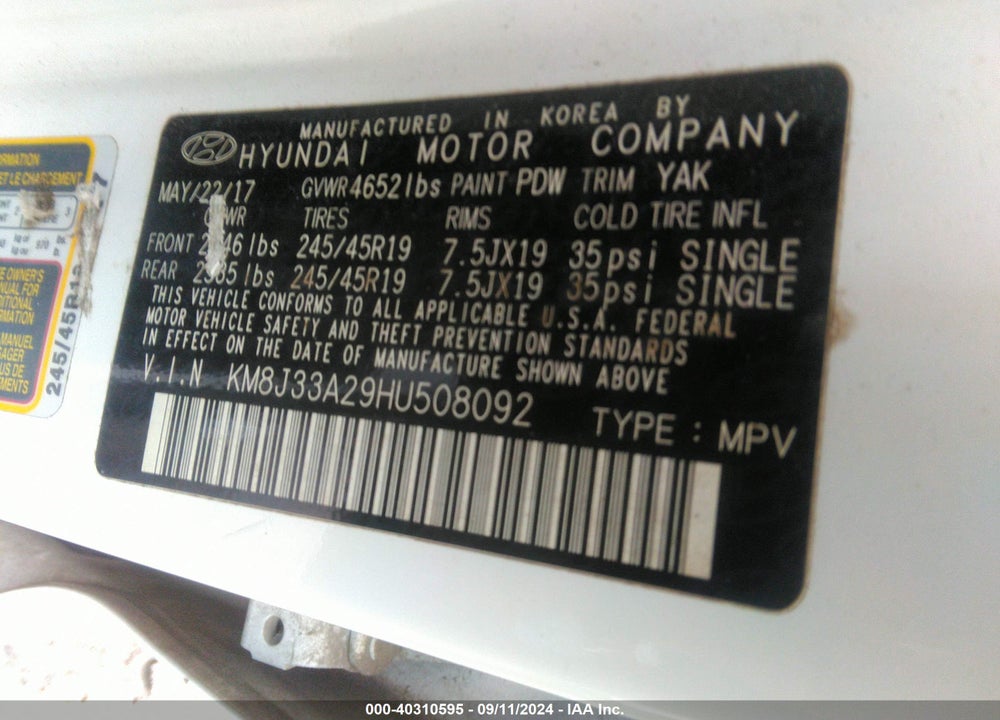 2017 HYUNDAI TUCSON VIN: KM8J33A29HU508092