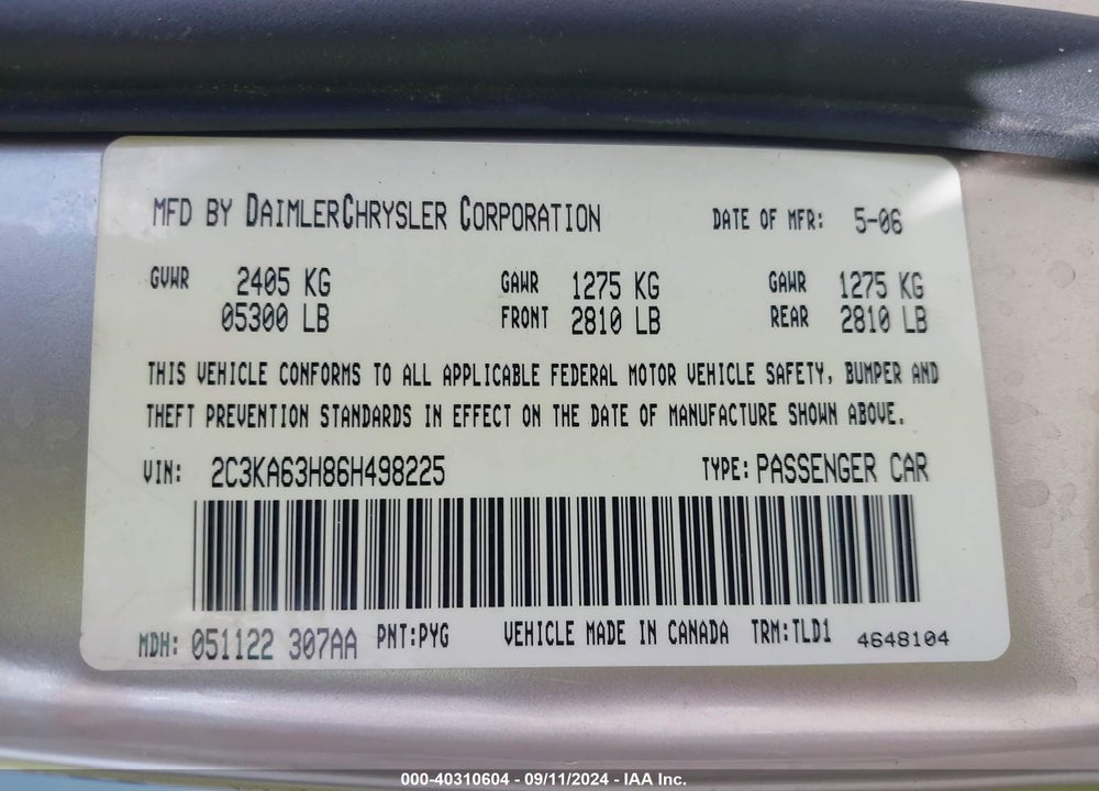 2006 CHRYSLER 300C VIN: 2C3KA63H86H498225