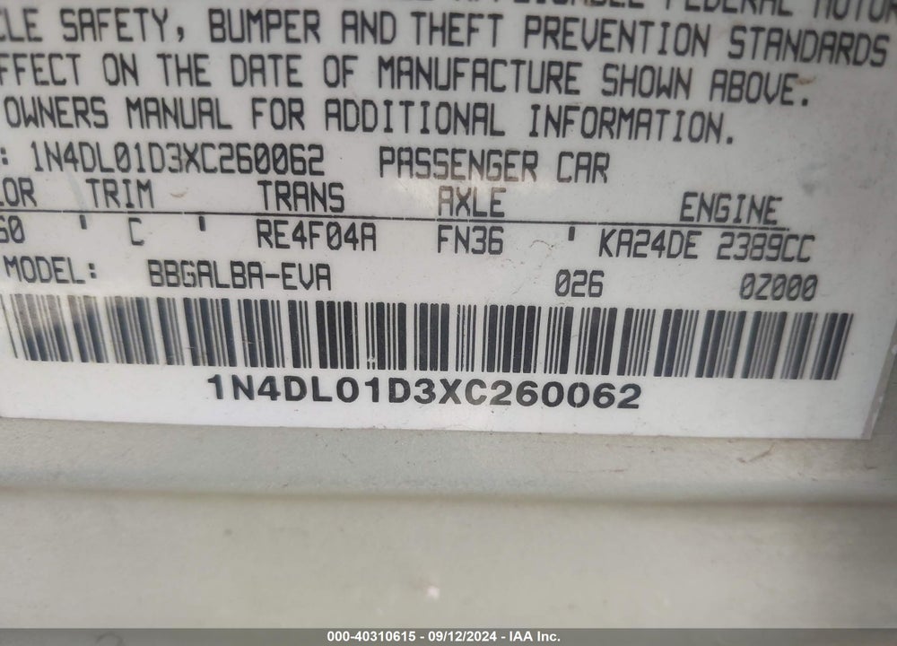 1999 NISSAN ALTIMA GLE/GXE/SE/SE-L/XE VIN: 1N4DL01D3XC260062