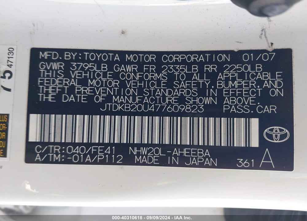2007 TOYOTA PRIUS VIN: JTDKB20U477609823