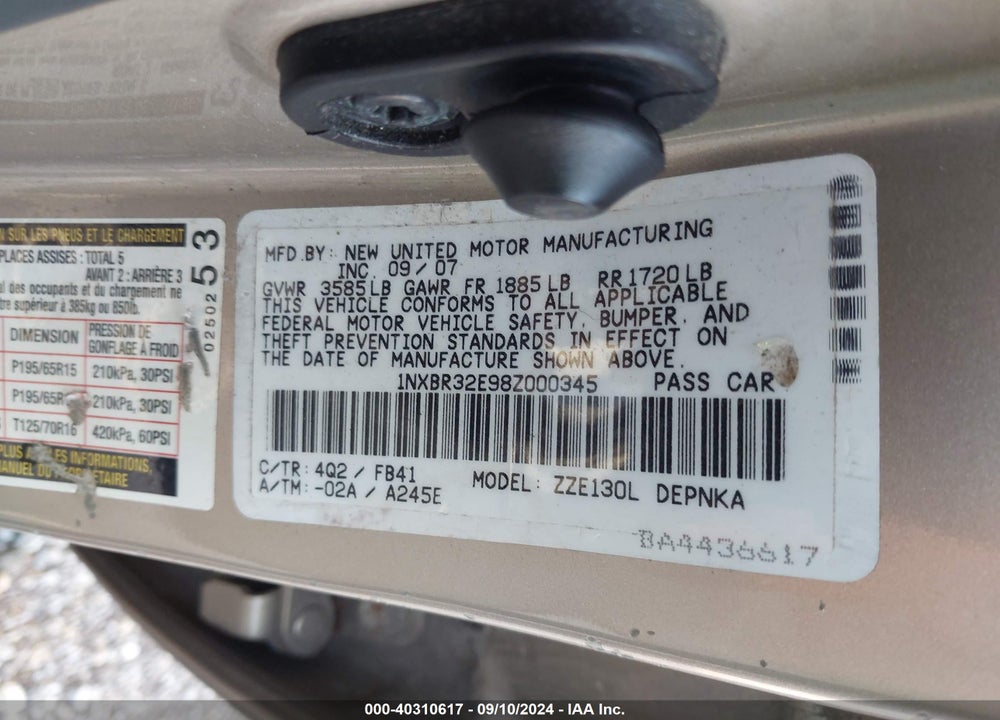 2008 TOYOTA COROLLA LE VIN: 1NXBR32E98Z000345