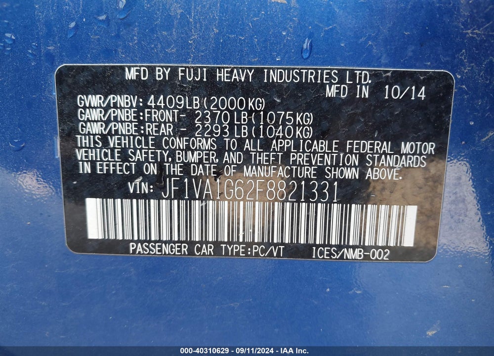 2015 SUBARU WRX LIMITED VIN: JF1VA1G62F8821331