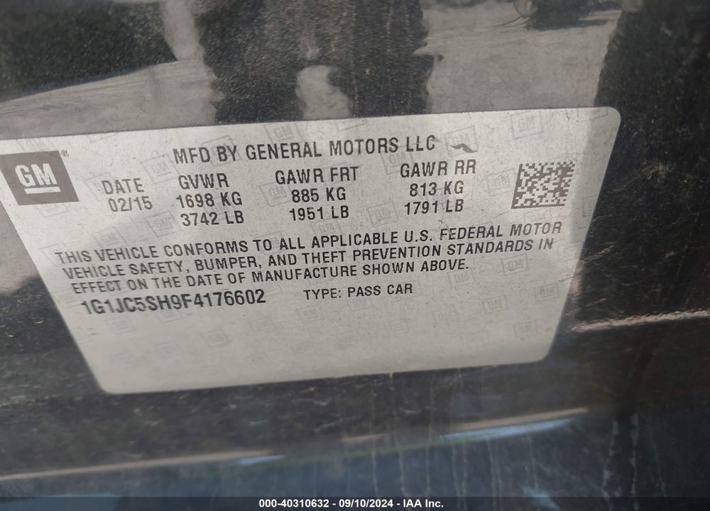 2015 CHEVROLET SONIC LT AUTO VIN: 1G1JC5SH9F4176602
