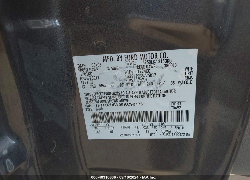 2006 FORD F-150 STX/XL/XLT VIN: 1FTRX14W96KC90176