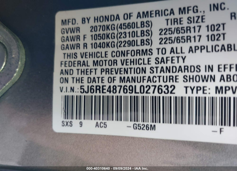 2009 HONDA CR-V EX-L VIN: 5J6RE48769L027632
