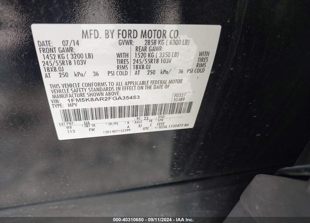 2015 FORD UTILITY POLICE INTERCEPTOR VIN: 1FM5K8AR2FGA35453