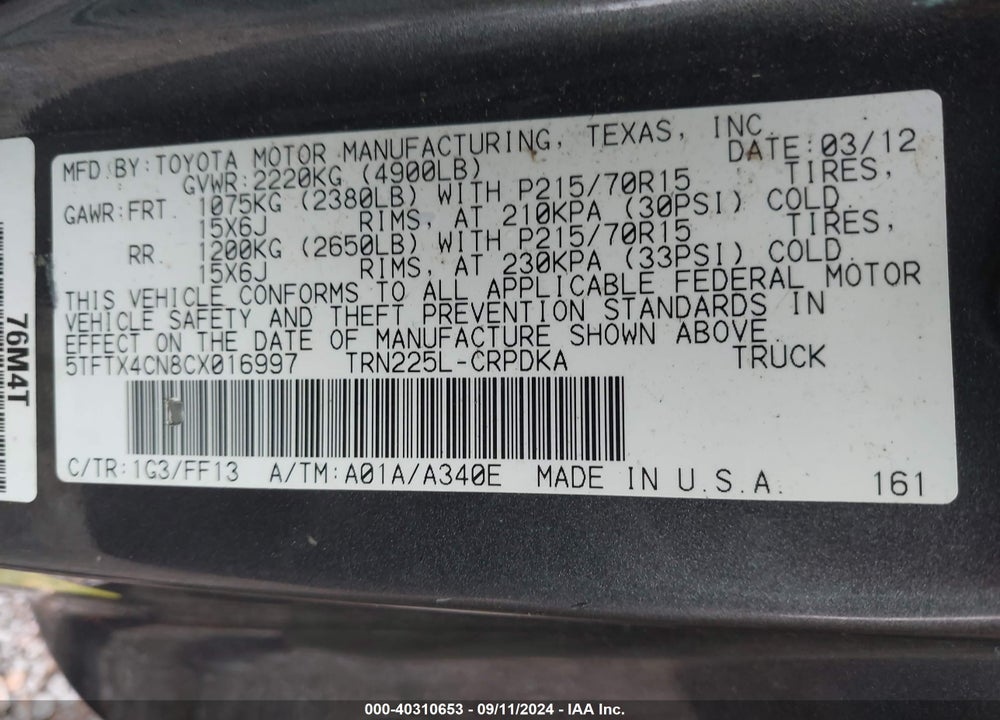 2012 TOYOTA TACOMA VIN: 5TFTX4CN8CX016997
