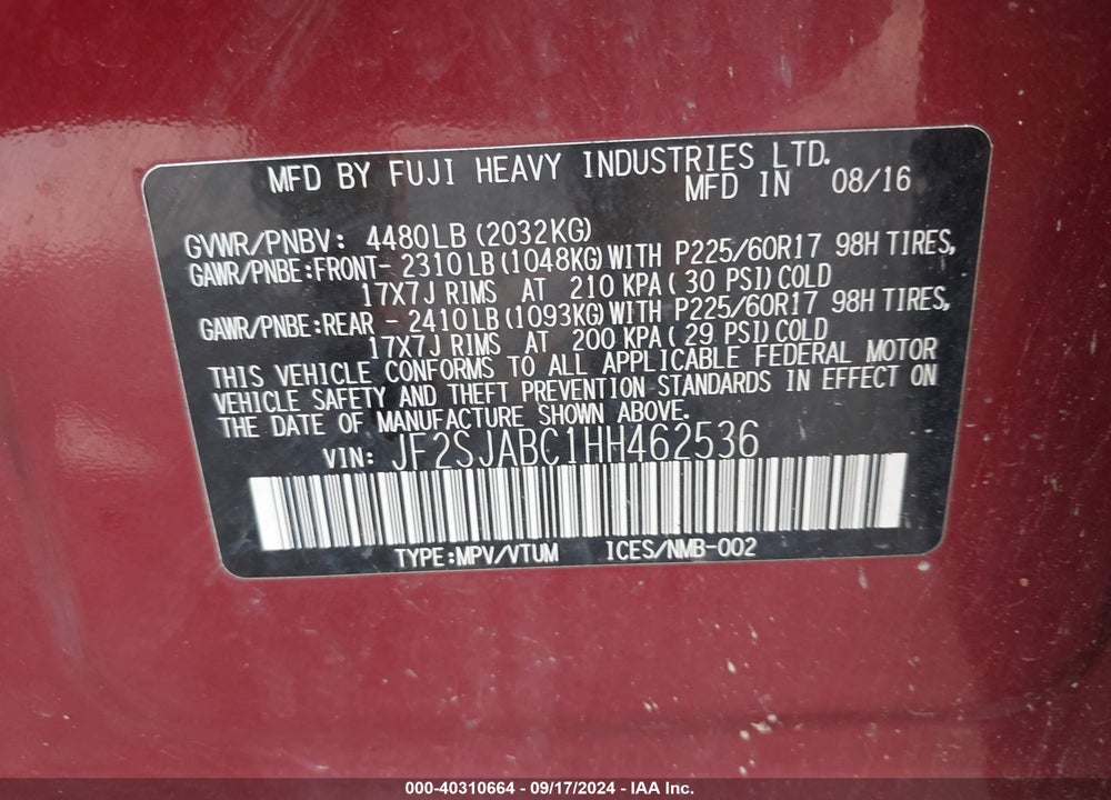 2017 SUBARU FORESTER 2.5I VIN: JF2SJABC1HH462536