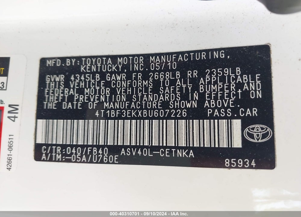 2011 TOYOTA CAMRY VIN: 4T1BF3EKXBU607226