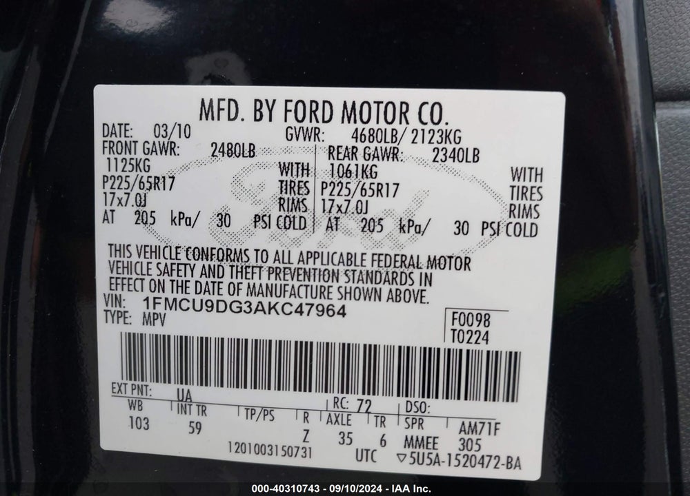 2010 FORD ESCAPE XLT VIN: 1FMCU9DG3AKC47964