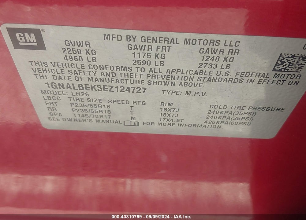 2014 CHEVROLET EQUINOX 1LT VIN: 1GNALBEK3EZ124727