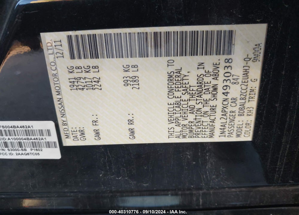 2012 NISSAN ALTIMA VIN: 1N4AL2APXCN493038