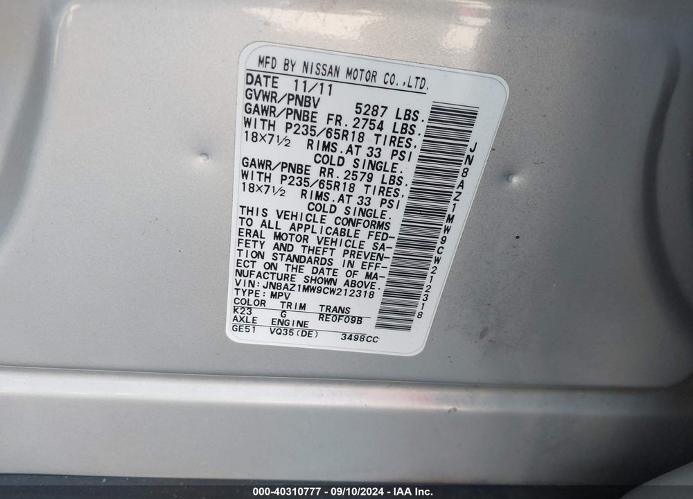 2012 NISSAN MURANO SL VIN: JN8AZ1MW9CW212318