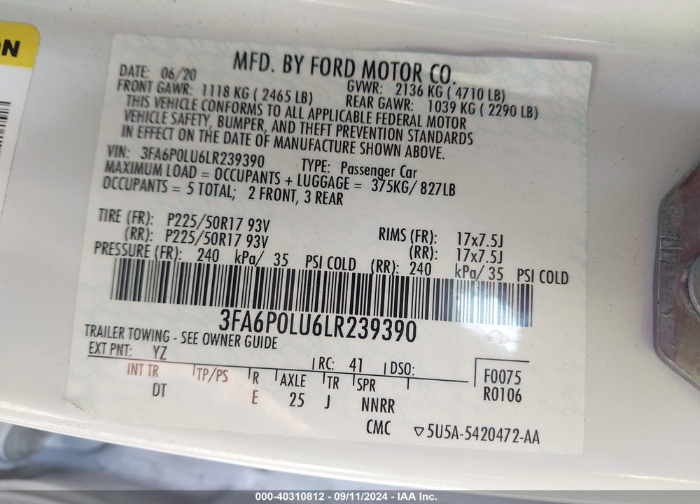 2020 FORD FUSION HYBRID SE VIN: 3FA6P0LU6LR239390