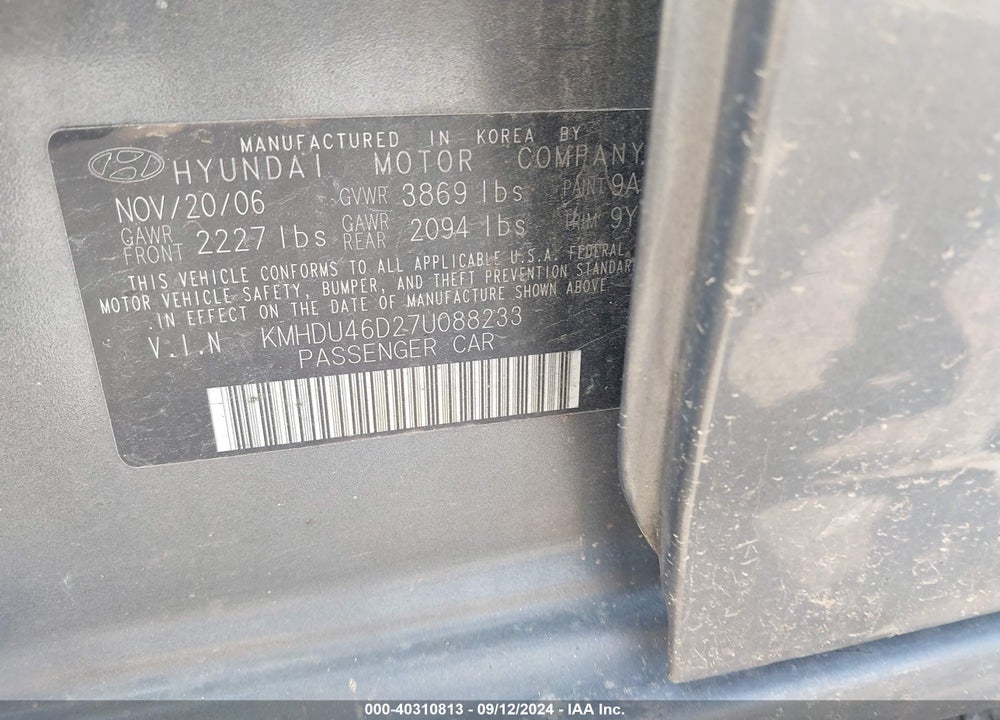 2007 HYUNDAI ELANTRA GLS/LIMITED/SE VIN: KMHDU46D27U088233