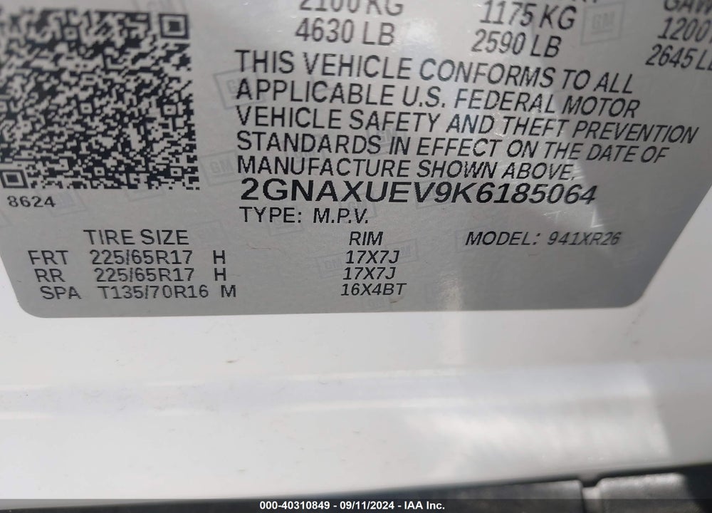 2019 CHEVROLET EQUINOX LT VIN: 2GNAXUEV9K6185064