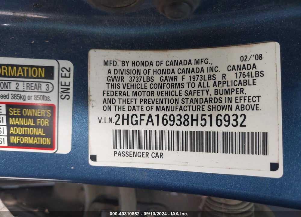 2008 HONDA CIVIC EX-L VIN: 2HGFA16938H516932