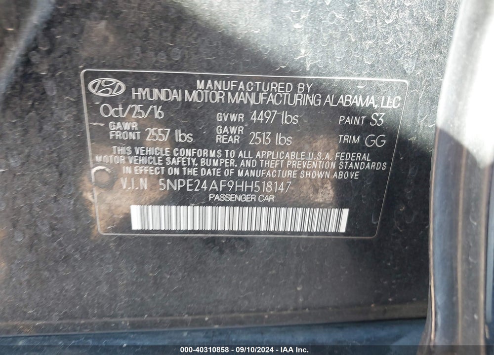 2017 HYUNDAI SONATA VIN: 5NPE24AF9HH518147