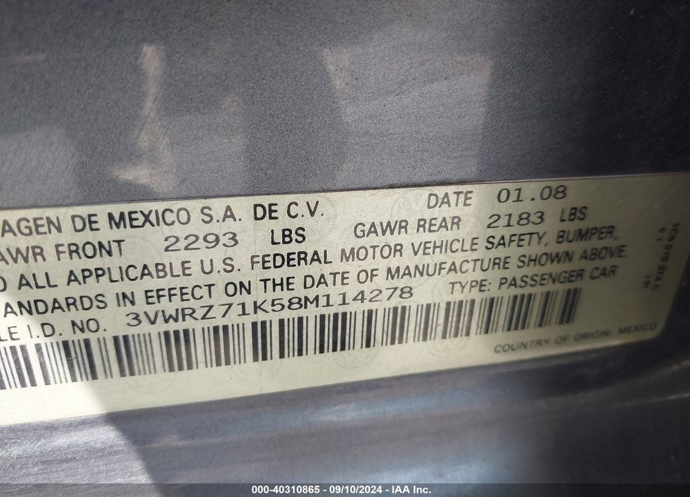 2008 VOLKSWAGEN JETTA SE/SEL VIN: 3VWRZ71K58M114278