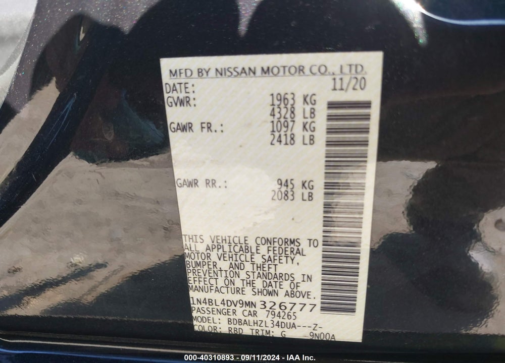 2021 NISSAN ALTIMA VIN: 1N4BL4DV9MN326777