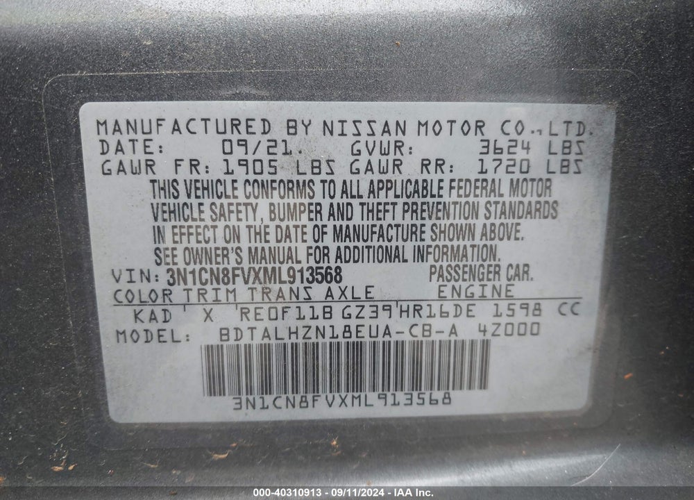 2021 NISSAN VERSA SR XTRONIC CVT VIN: 3N1CN8FVXML913568